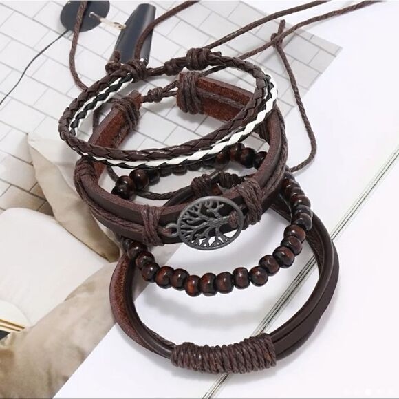 4 men's leather bracelets layered braided tree of life brown New c8 - Picture 3 of 3